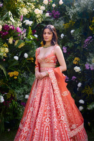 Vermillion Orange Embroidered Lehenga Set by Shyam Narayan Prasad, available on Indiaspopup.com