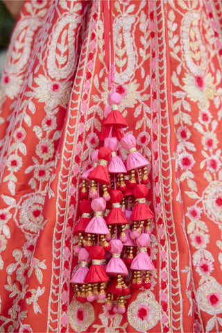 Vermillion Orange Embroidered Lehenga Set by Shyam Narayan Prasad, available on Indiaspopup.com