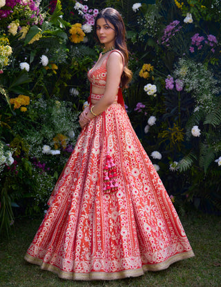 Vermillion Orange Embroidered Lehenga Set by Shyam Narayan Prasad, available on Indiaspopup.com