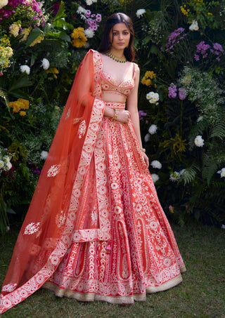 Vermillion Orange Embroidered Lehenga Set by Shyam Narayan Prasad, available on Indiaspopup.com