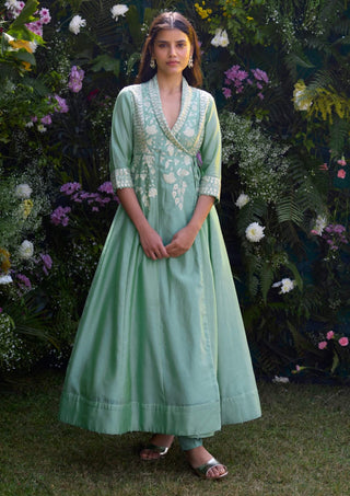 Bermuda Green Angrakha And Pants by Shyam Narayan Prasad, available on Indiaspopup.com