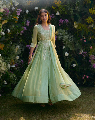 Mist Green Embroidered Anarkali Set by Shyam Narayan Prasad, available on Indiaspopup.com