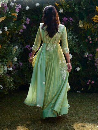 Mist Green Embroidered Anarkali Set by Shyam Narayan Prasad, available on Indiaspopup.com