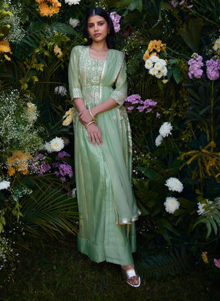 Mist Green Embroidered Anarkali Set by Shyam Narayan Prasad, available on Indiaspopup.com