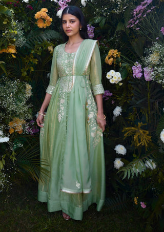 Mist Green Embroidered Anarkali Set by Shyam Narayan Prasad, available on Indiaspopup.com