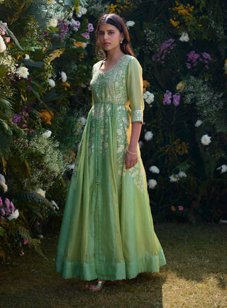 Mist Green Embroidered Anarkali Set by Shyam Narayan Prasad, available on Indiaspopup.com