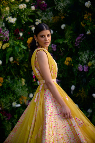 Spectra Yellow Embroidered Lehenga Set by Shyam Narayan Prasad, available on Indiaspopup.com