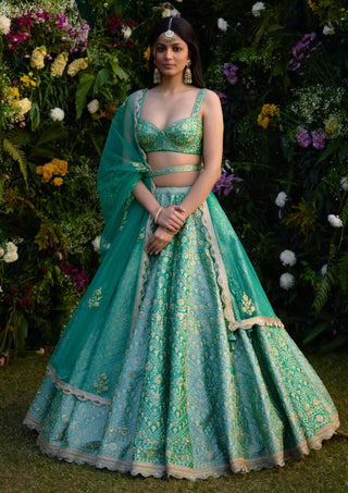 Vivid Green Embroidered Lehenga Set by Shyam Narayan Prasad, available on Indiaspopup.com