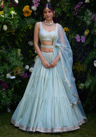 Morning Mist Blue Embroidered Lehenga Set by Shyam Narayan Prasad, available on Indiaspopup.com
