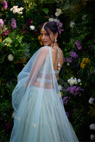 Morning Mist Blue Embroidered Lehenga Set by Shyam Narayan Prasad, available on Indiaspopup.com