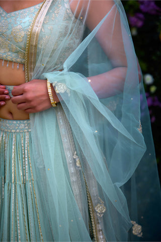 Morning Mist Blue Embroidered Lehenga Set by Shyam Narayan Prasad, available on Indiaspopup.com