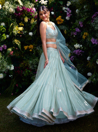 Morning Mist Blue Embroidered Lehenga Set by Shyam Narayan Prasad, available on Indiaspopup.com