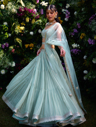 Morning Mist Blue Embroidered Lehenga Set by Shyam Narayan Prasad, available on Indiaspopup.com