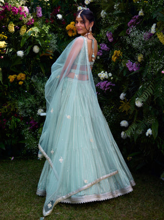 Morning Mist Blue Embroidered Lehenga Set by Shyam Narayan Prasad, available on Indiaspopup.com