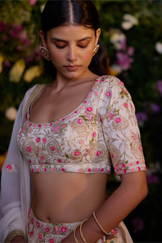 Ivory Block Printed Lehenga Set by Shyam Narayan Prasad, available on Indiaspopup.com