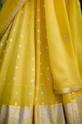 Daffodil Yellow Embroidered Lehenga Set by Shyam Narayan Prasad, available on Indiaspopup.com
