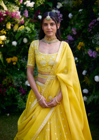 Daffodil Yellow Embroidered Lehenga Set by Shyam Narayan Prasad, available on Indiaspopup.com