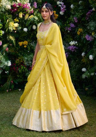 Daffodil Yellow Embroidered Lehenga Set by Shyam Narayan Prasad, available on Indiaspopup.com