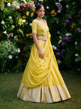 Daffodil Yellow Embroidered Lehenga Set by Shyam Narayan Prasad, available on Indiaspopup.com