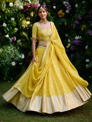 Daffodil Yellow Embroidered Lehenga Set by Shyam Narayan Prasad, available on Indiaspopup.com