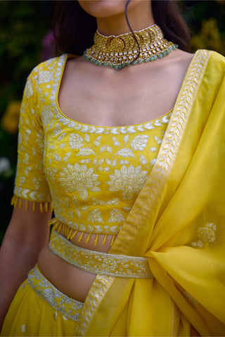 Daffodil Yellow Embroidered Lehenga Set by Shyam Narayan Prasad, available on Indiaspopup.com
