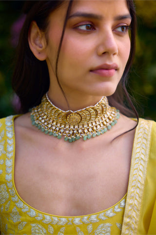 Daffodil Yellow Embroidered Lehenga Set by Shyam Narayan Prasad, available on Indiaspopup.com