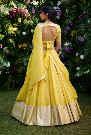 Daffodil Yellow Embroidered Lehenga Set by Shyam Narayan Prasad, available on Indiaspopup.com