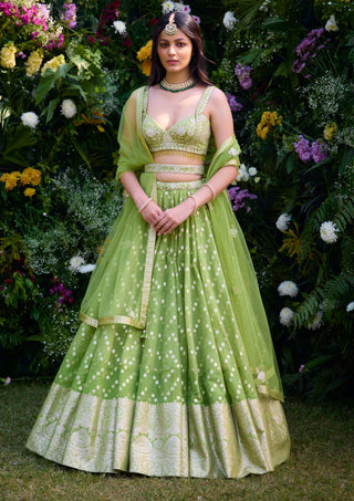Irish Green Embroidered Lehenga Set by Shyam Narayan Prasad, available on Indiaspopup.com
