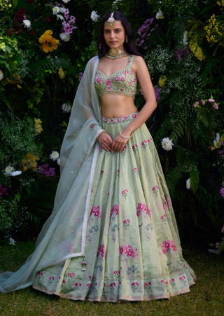 Smoke Green Printed Lehenga Set by Shyam Narayan Prasad, available on Indiaspopup.com