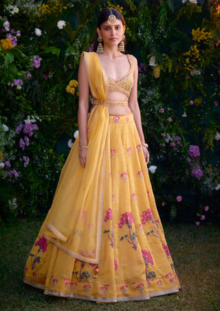 Spectra Yellow Printed Lehenga Set by Shyam Narayan Prasad, available on Indiaspopup.com