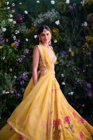Spectra Yellow Printed Lehenga Set by Shyam Narayan Prasad, available on Indiaspopup.com