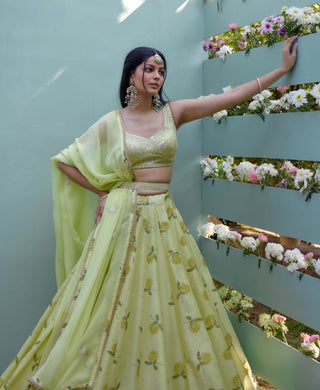 Canary Yellow Printed Lehenga Set by Shyam Narayan Prasad, available on Indiaspopup.com