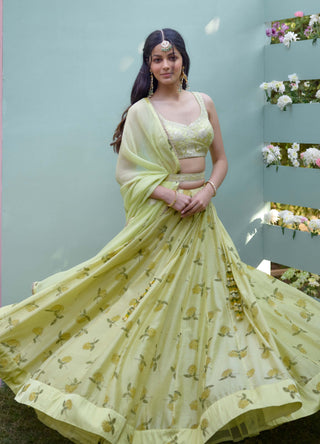 Canary Yellow Printed Lehenga Set by Shyam Narayan Prasad, available on Indiaspopup.com