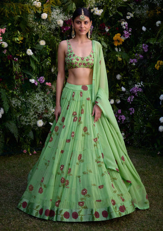 Macaw Green Block Printed Lehenga Set by Shyam Narayan Prasad, available on Indiaspopup.com