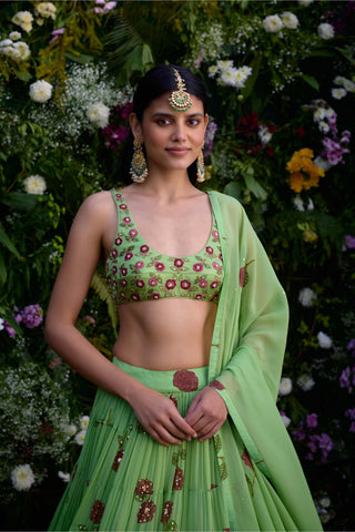 Macaw Green Block Printed Lehenga Set by Shyam Narayan Prasad, available on Indiaspopup.com