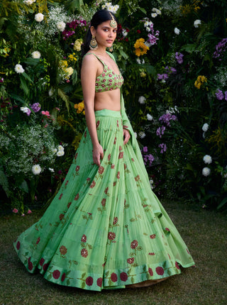Macaw Green Block Printed Lehenga Set by Shyam Narayan Prasad, available on Indiaspopup.com