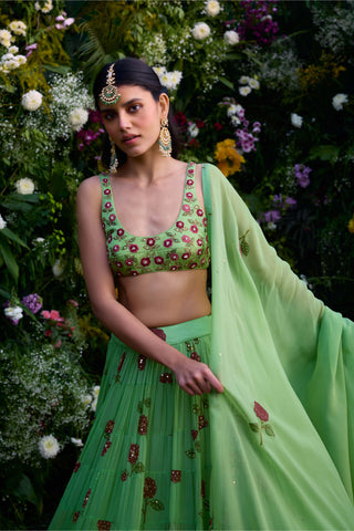 Macaw Green Block Printed Lehenga Set by Shyam Narayan Prasad, available on Indiaspopup.com