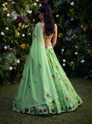 Macaw Green Block Printed Lehenga Set by Shyam Narayan Prasad, available on Indiaspopup.com