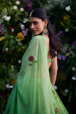 Macaw Green Block Printed Lehenga Set by Shyam Narayan Prasad, available on Indiaspopup.com