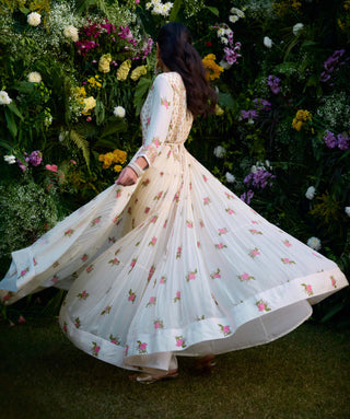 Ivory Block Printed Anarkali Set by Shyam Narayan Prasad, available on Indiaspopup.com