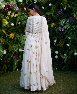 Ivory Block Printed Anarkali Set by Shyam Narayan Prasad, available on Indiaspopup.com