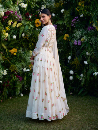 Ivory Block Printed Anarkali Set by Shyam Narayan Prasad, available on Indiaspopup.com