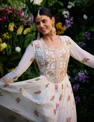 Ivory Block Printed Anarkali Set by Shyam Narayan Prasad, available on Indiaspopup.com