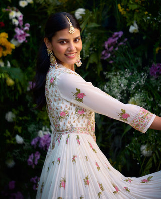 Ivory Block Printed Anarkali Set by Shyam Narayan Prasad, available on Indiaspopup.com