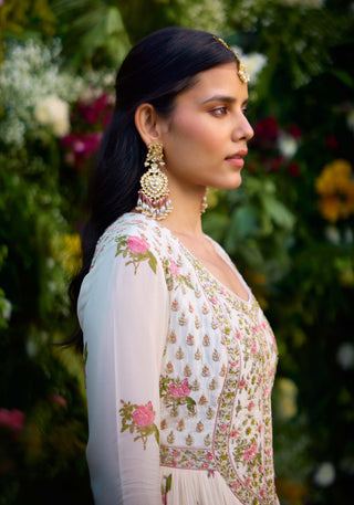 Ivory Block Printed Anarkali Set by Shyam Narayan Prasad, available on Indiaspopup.com