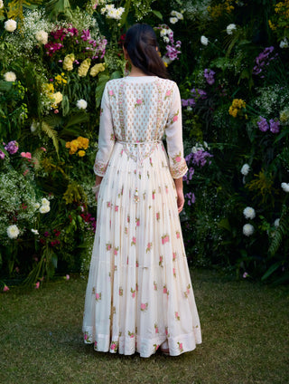 Ivory Block Printed Anarkali Set by Shyam Narayan Prasad, available on Indiaspopup.com