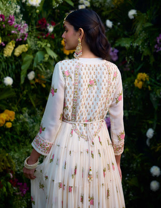 Ivory Block Printed Anarkali Set by Shyam Narayan Prasad, available on Indiaspopup.com