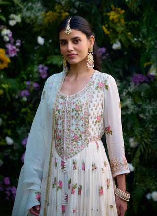 Ivory Block Printed Anarkali Set by Shyam Narayan Prasad, available on Indiaspopup.com