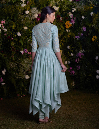 Misty Blue Asymmetric Kurta And Churidaar by Shyam Narayan Prasad, available on Indiaspopup.com