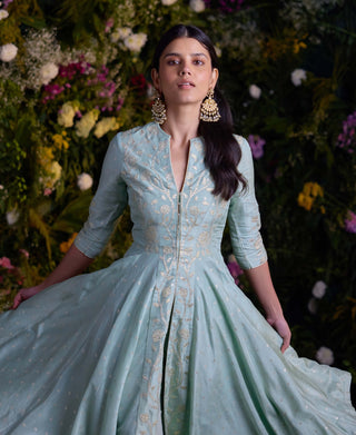 Misty Blue Asymmetric Kurta And Churidaar by Shyam Narayan Prasad, available on Indiaspopup.com